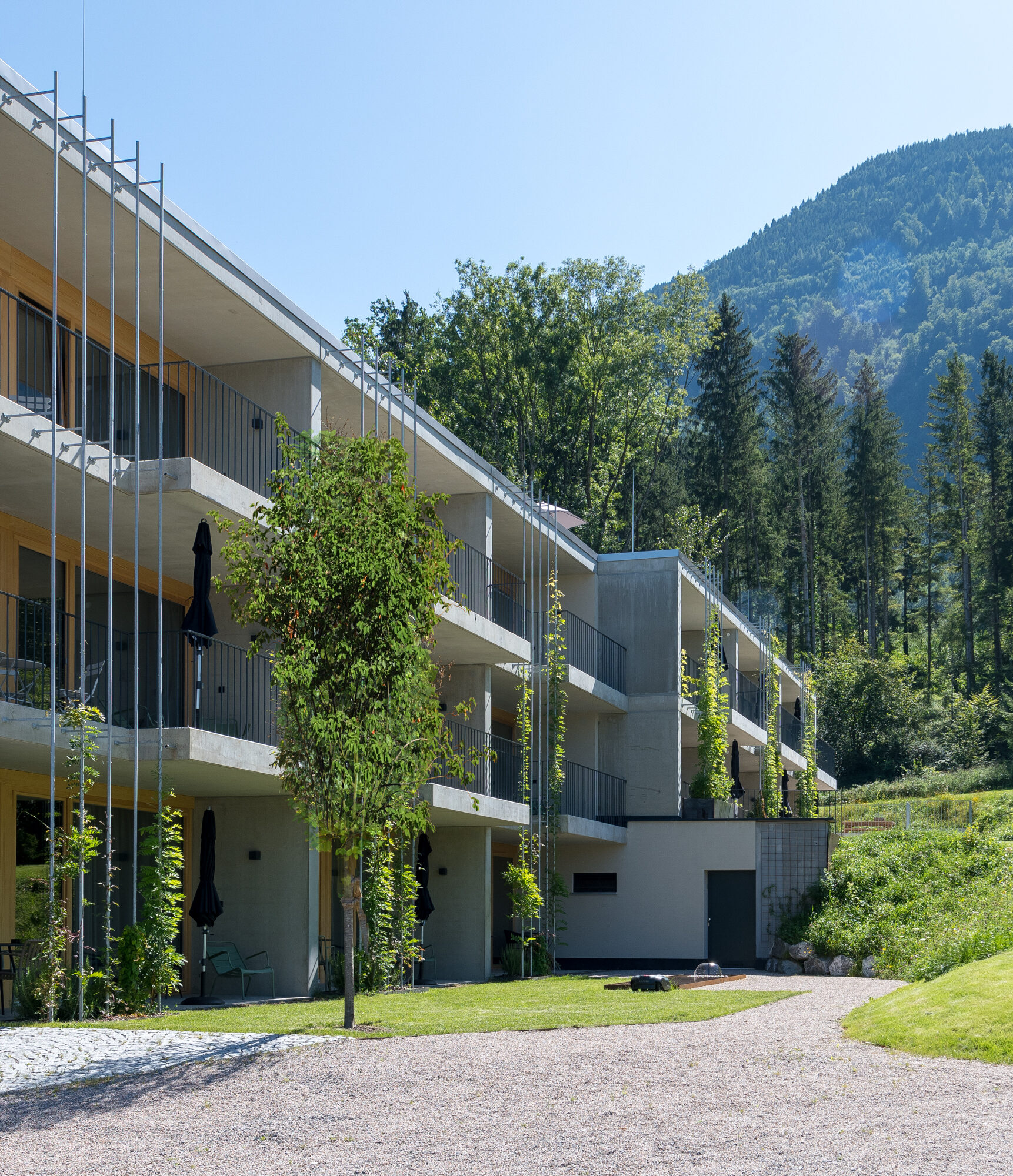 Business Apartments im Grünen in Feldkirch – Aussenansicht mit Blick auf Wiesen und Berge