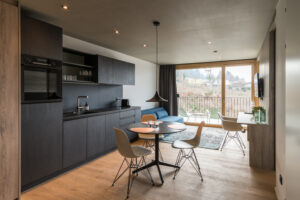 Blick ins Wohnzimmer mit Küche des Premium Apartment in Vorarlberg